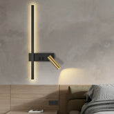 Comprar arandela de parede LED linear minimalista preta com spot dourado articulado para quarto casal e sala barato em promoção